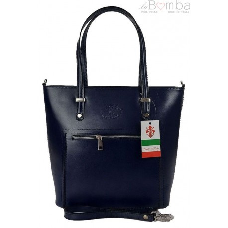 Włoska skórzana klasyczna torebka na ramię Vera Pelle ,format A4, Granatowa VBZ66BS