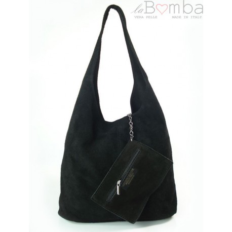 Worek zamszowy Shopper Bag , Włoska skórzana torba XL A4 Czarny W456N