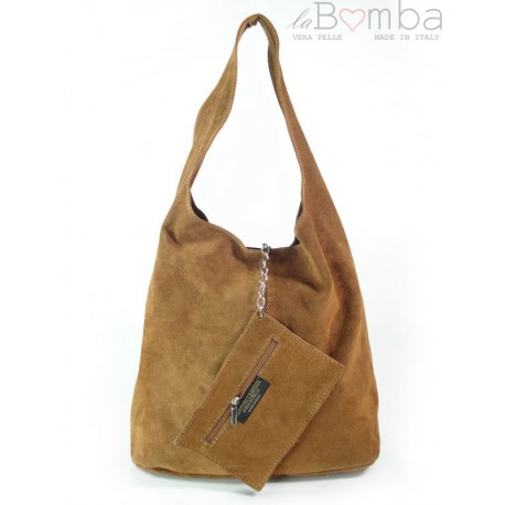 Worek zamszowy Shopper Bag , Włoska skórzana torba XL A4 Camel W456C