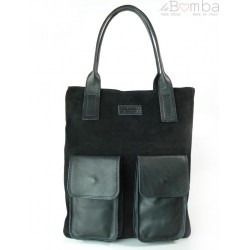 Czarny zamszowy worek Vera Pelle ,pojemna skórzana torba ,kieszenie XXL A4 BYC88N